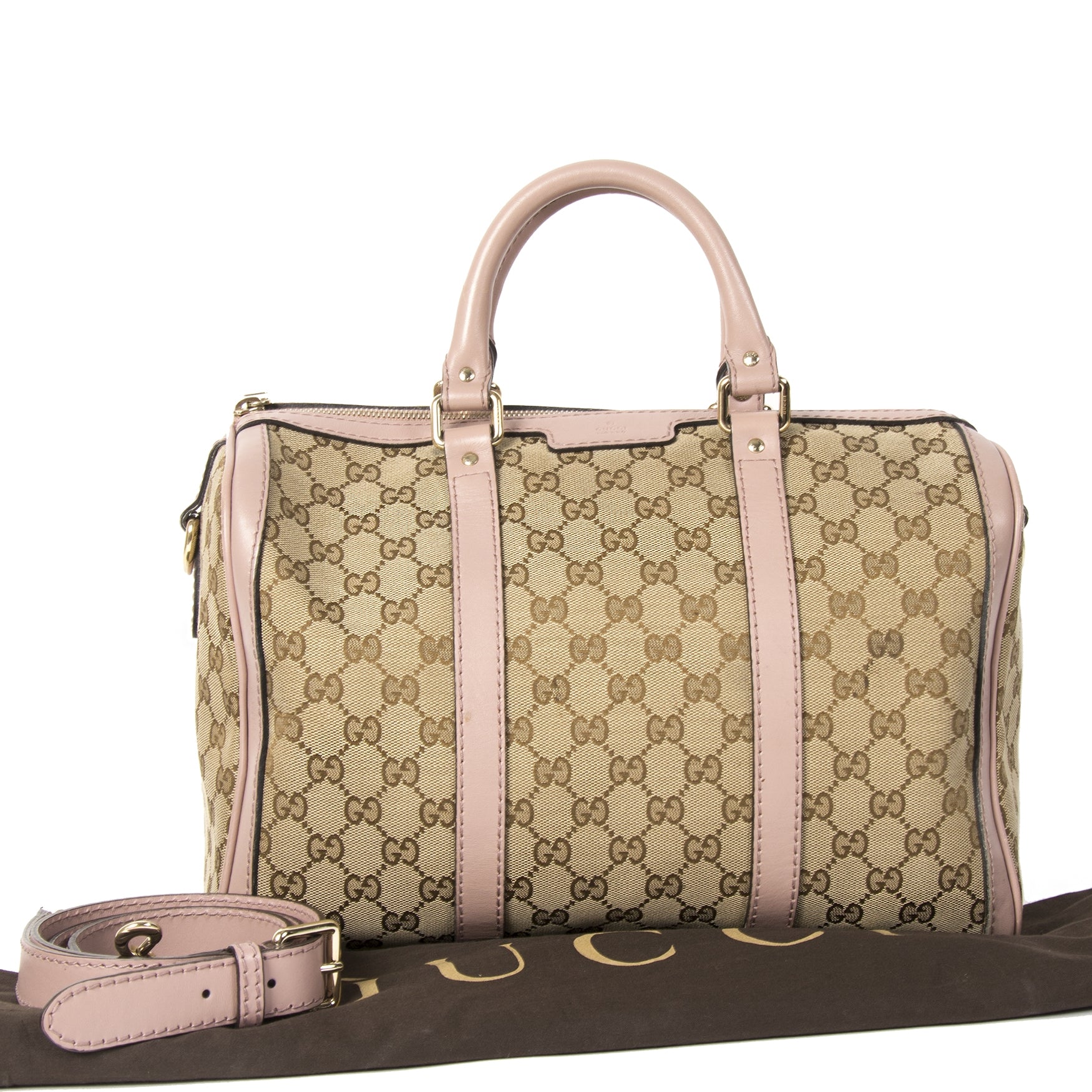 Authentieke tweedehands Gucci Monogram Boston Medium Bag Lila juiste prijs veilig online winkelen LabelLOV webshop luxe merken winkelen Antwerpen België mode fashion