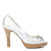 Gucci Silver Monogram Peep Toe Heels