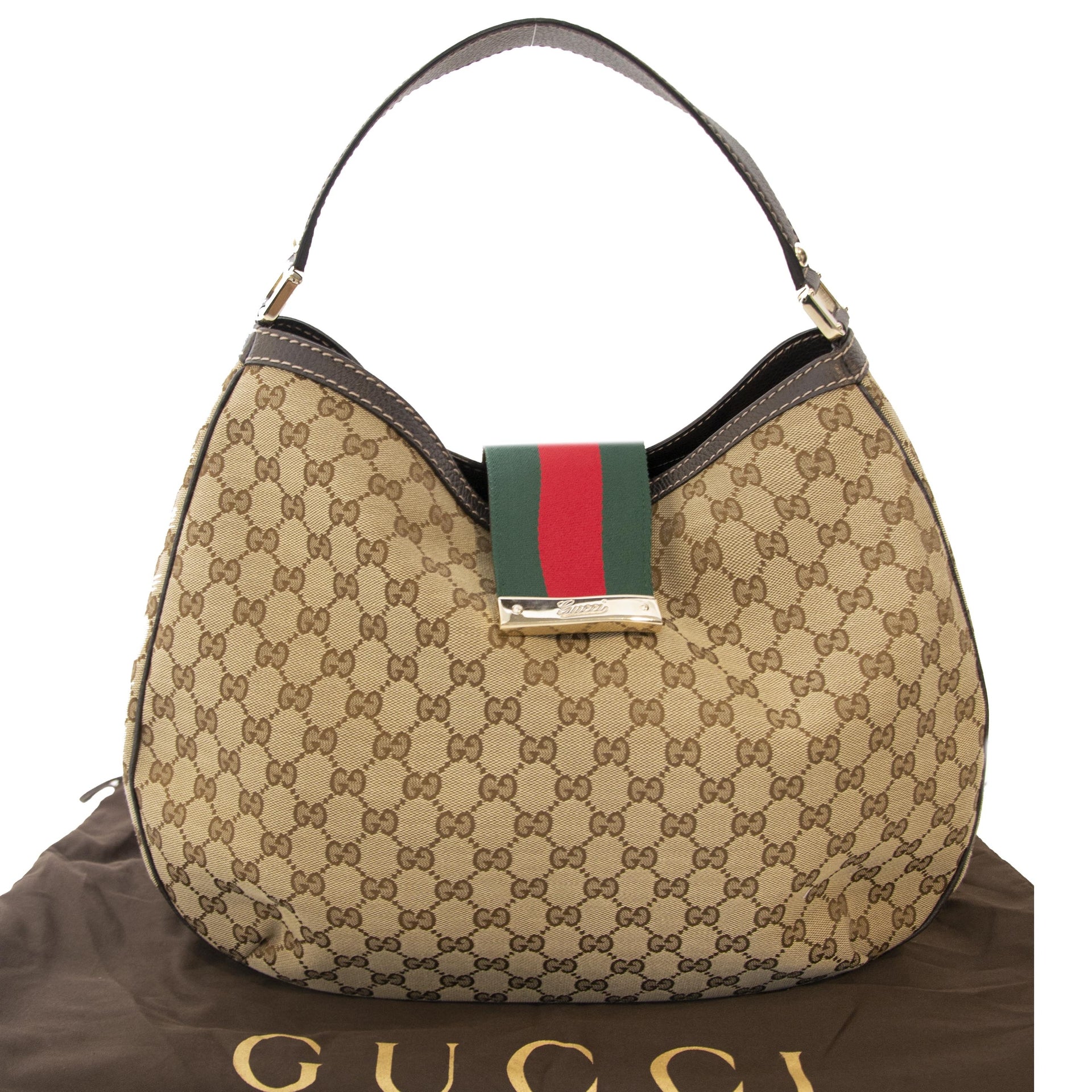 Gucci Beige/Ebony GG Canvas New Web Hobo Bag. Koop online tweedehands Gucci tas met de iconische GG print Guccio Gucci. Dustbag. Webshop met veilige betaling.