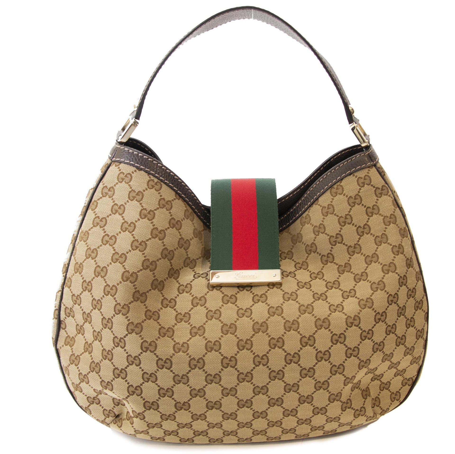 Gucci Beige/Ebony GG Canvas New Web Hobo Bag. Buy authentic Gucci bag online. Hobo Shouder Top handle bag iconic print. Safe payment. Buy online.