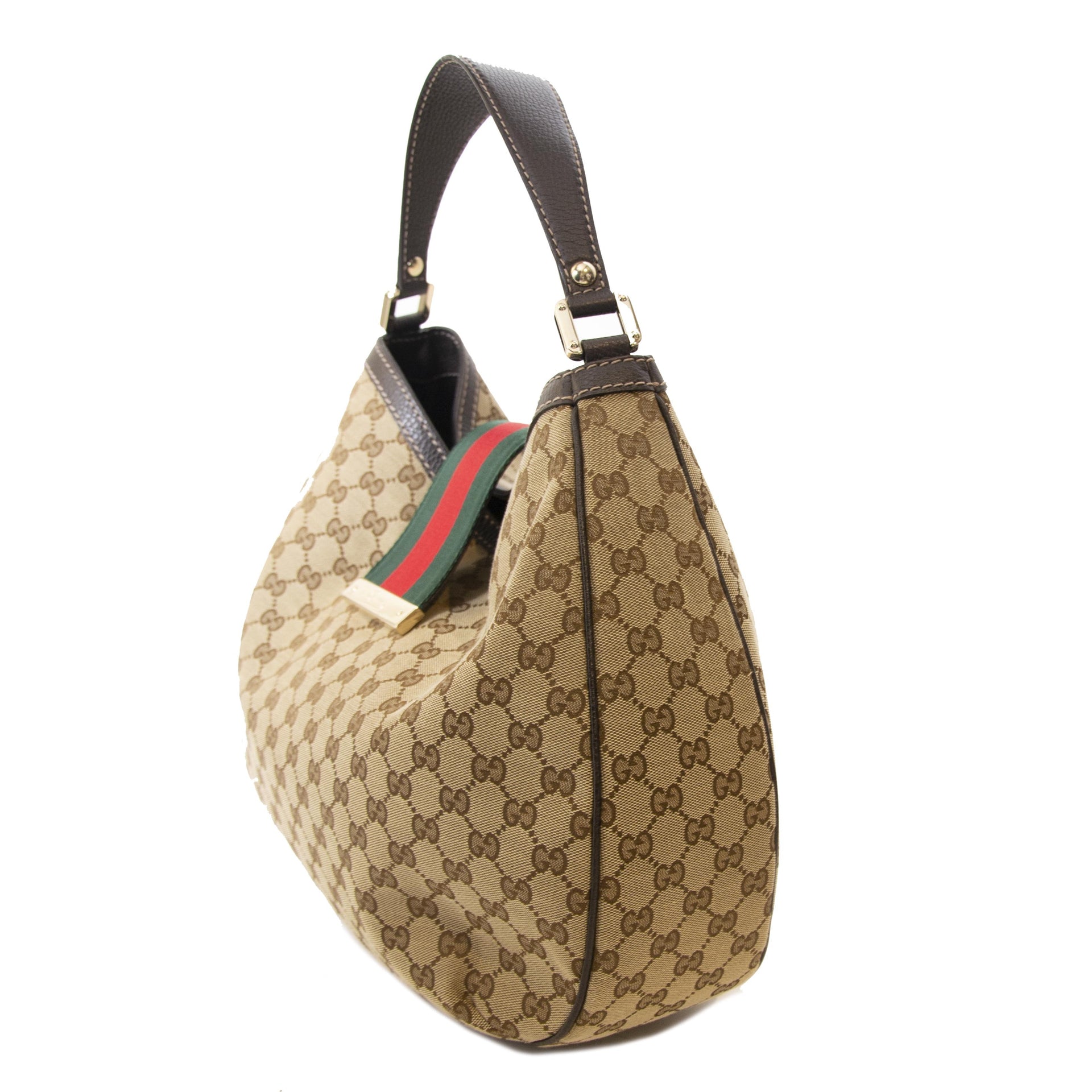 Gucci Beige/Ebony GG Canvas New Web Hobo Bag. Buy authentic Gucci bag online. Hobo Shouder Top handle bag iconic print. Safe payment. Buy online.
