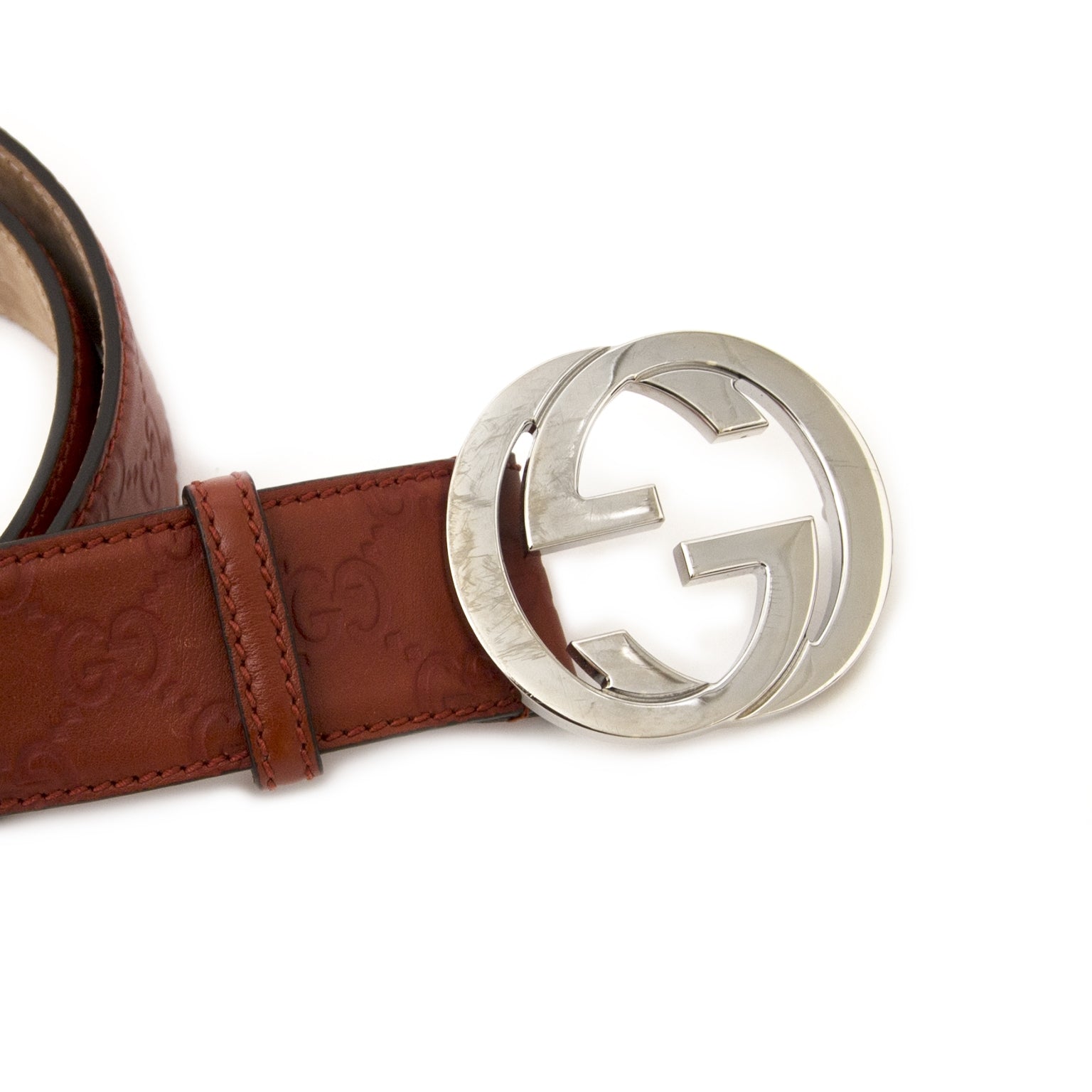 Koop uw authentieke designer Gucci Rusty Red Logo Leather Belt - size 95 aan de beste prijs