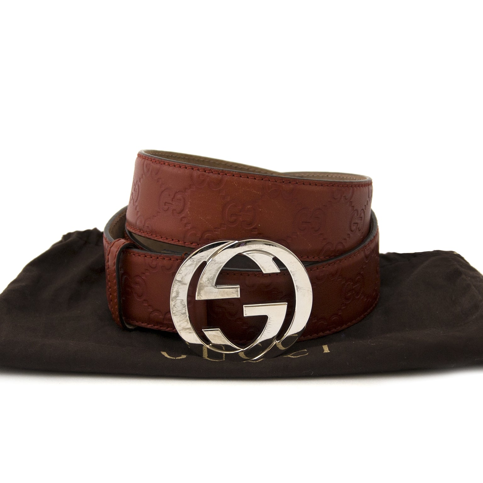 For sale online: Gucci Rusty Red Logo Leather Belt - size 95