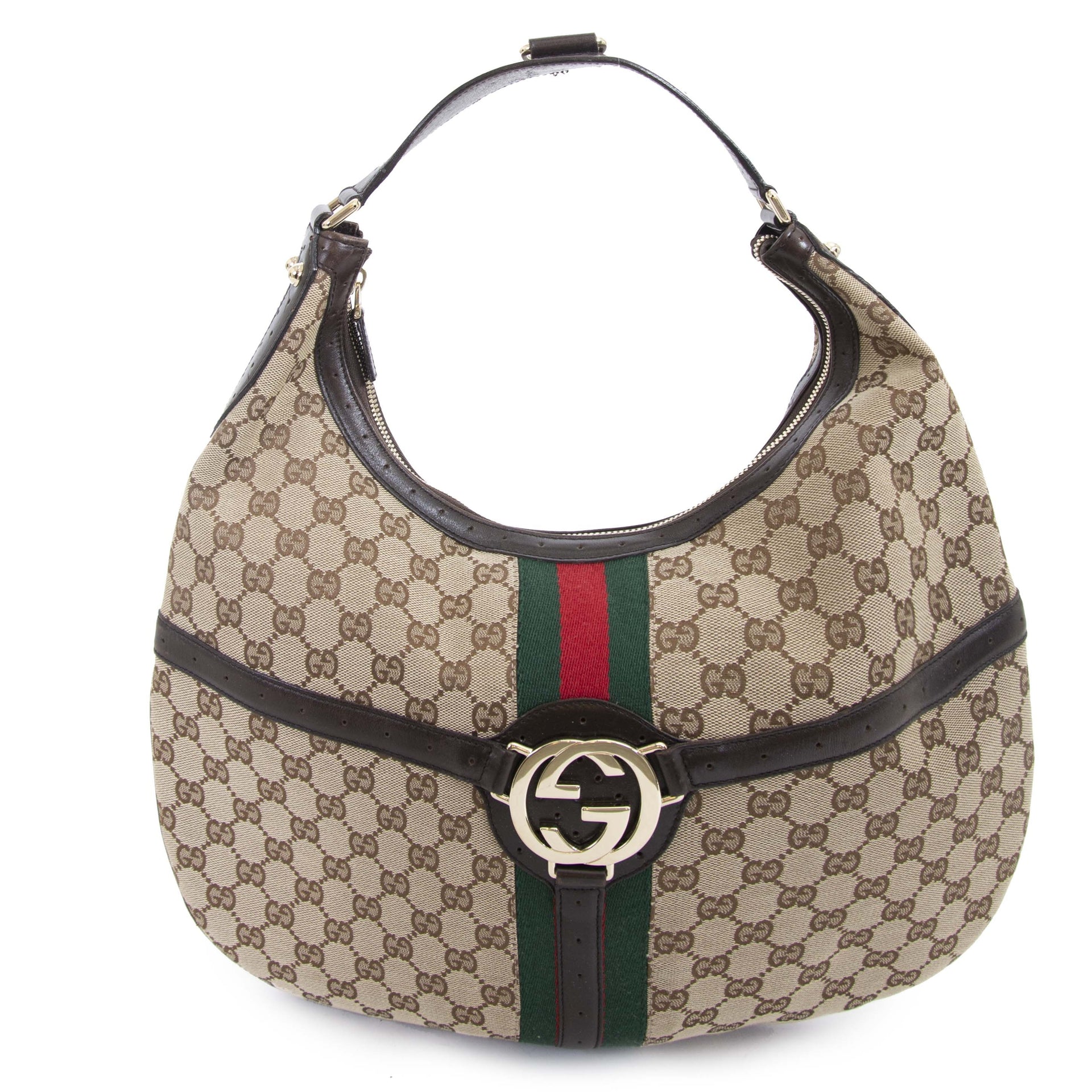 Gucci Canvas Web GG Reins Hobo Brown Bag now for sale at labellov vintage fashion webshop belgium