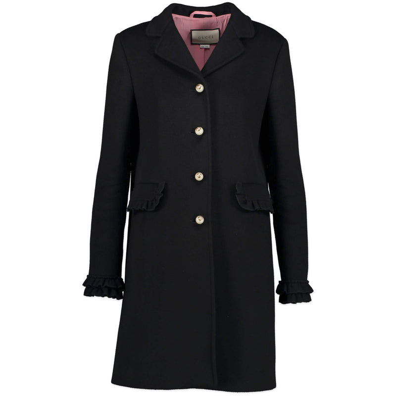Gucci Black Ruffle-Trimmed Wool Coat - size IT 42