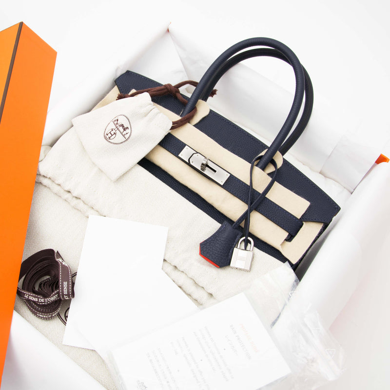 Buy safe and secure online at labellov.com Hermès Birkin 30 Bleu nuit and orange poppy phw