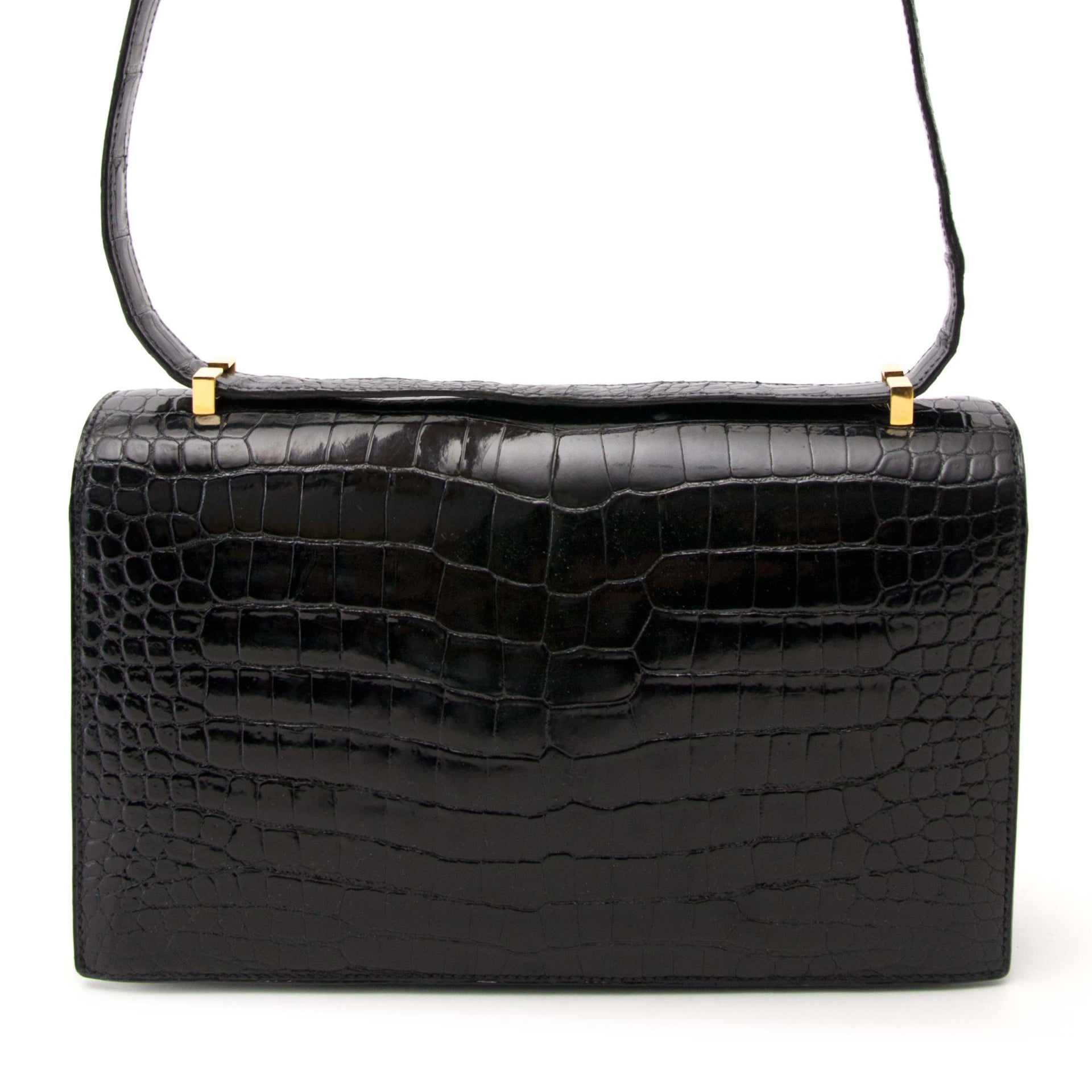 acheter en ligne seconde main Vintage Hermes Black Croco 'Sac Ring' Shoulder Bag