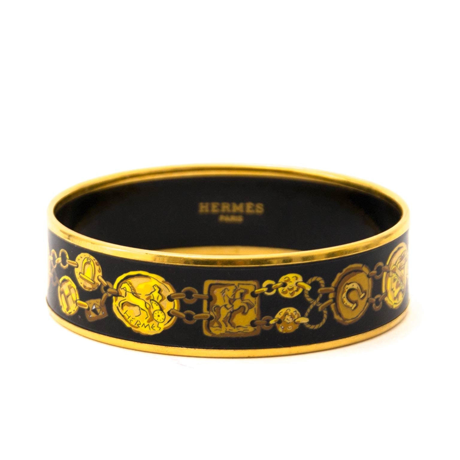 Hermes Black and Gold 'H Chaine Kavalla' Wide Printed Enamel Bracelet