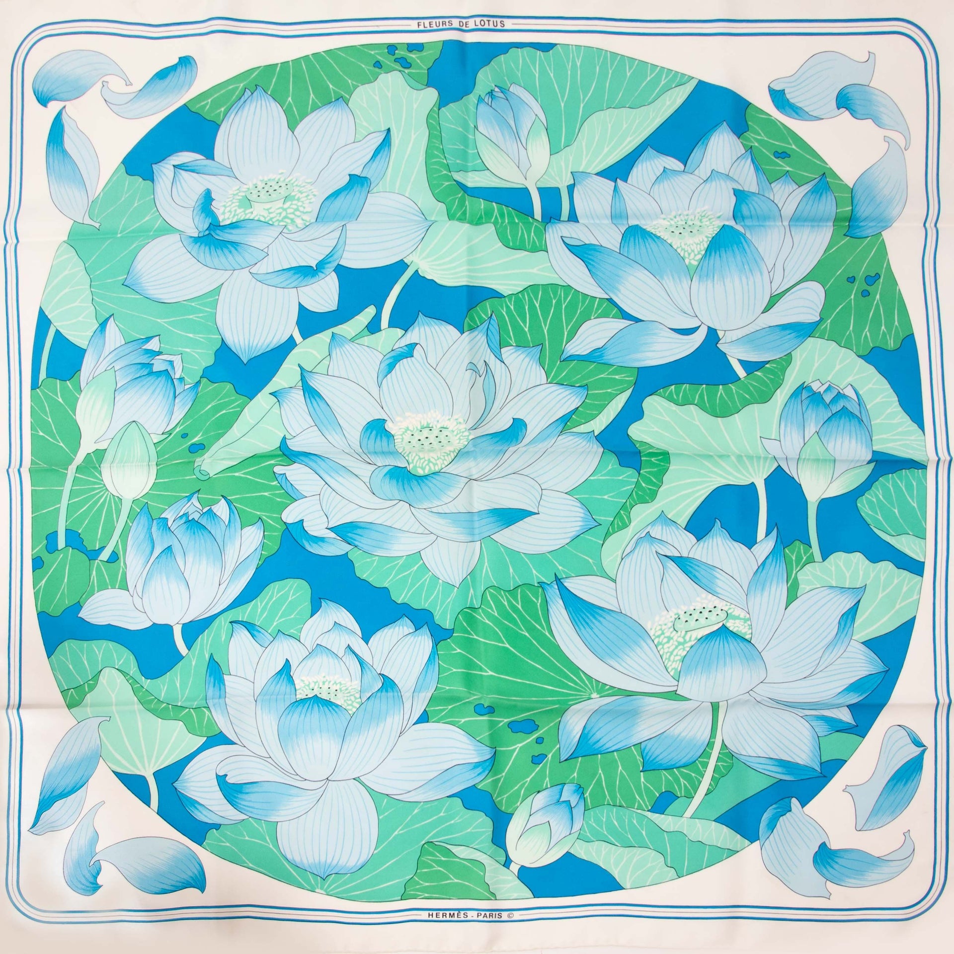 Hermès Carré Fleures de lotus in blue and green colors