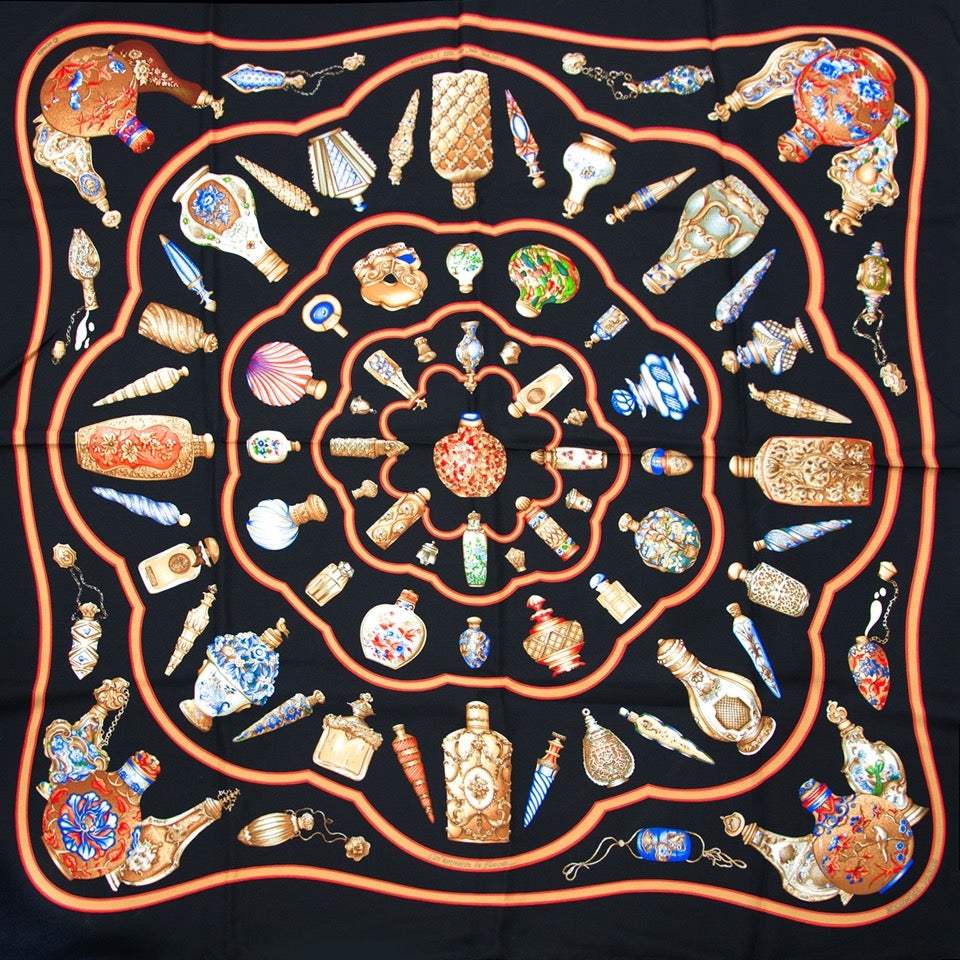 Hermes Silk Scarf Carre 'qu'importe le flacon ' best price secondhand luxury