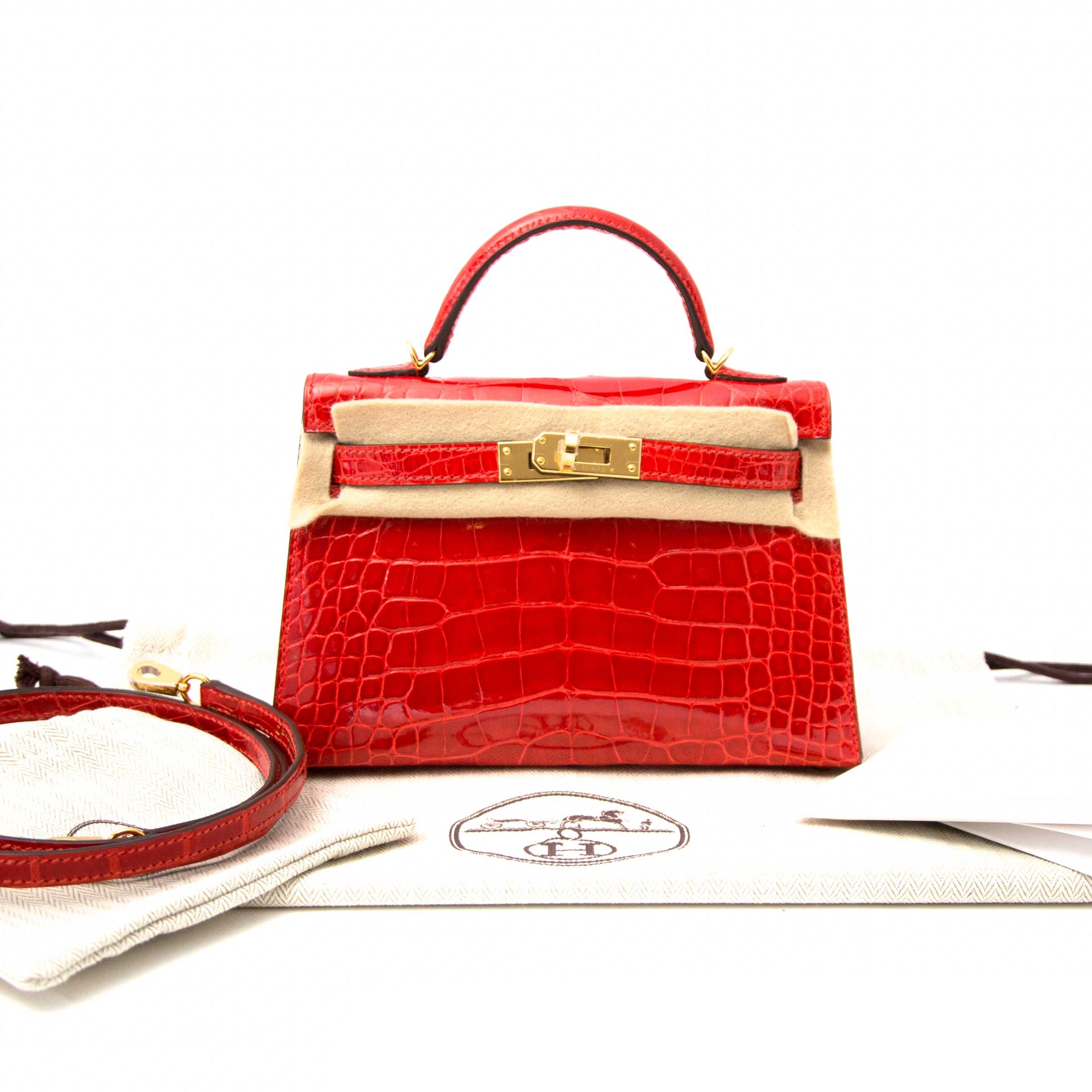 Never Used Hermes Kelly Mini Pochette Geranium Alligator Mississippiensis GHW invoice