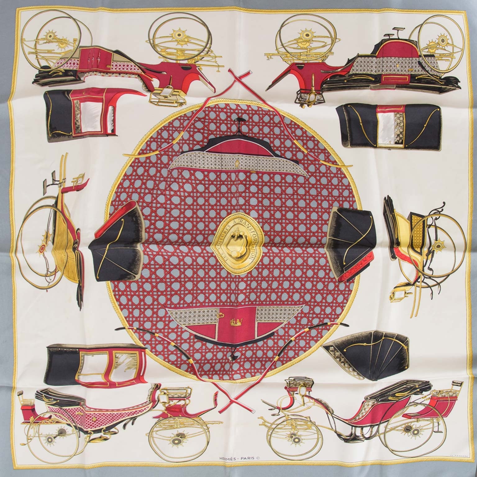 Hermès Carré Silk Scarf 'Les Voitures A Transformation' now for sale at labellov vintage fashion webshop belgium