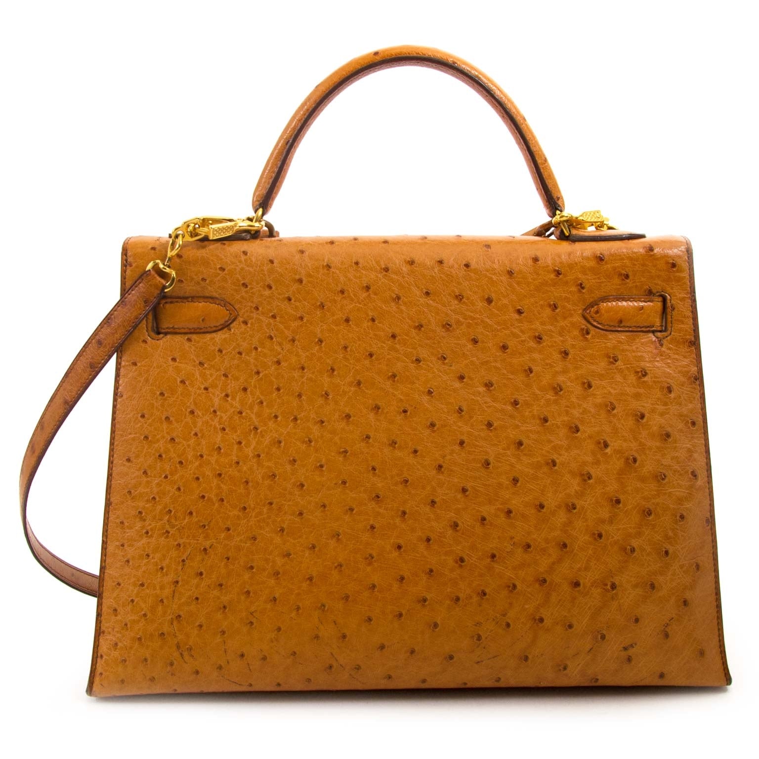 Hermès Kelly 32 Ostrich Gold GHW for sale at Labellov preloved and secondhand designer bags online