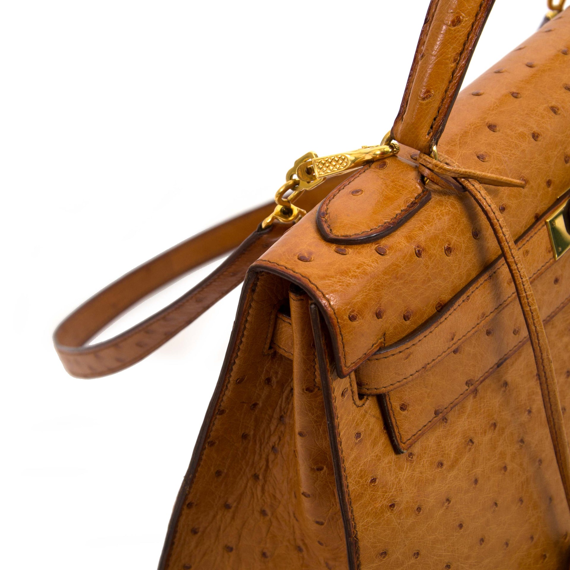 Hermès Kelly 32 Ostrich Gold GHW for sale online at Labellov secondhand luxury