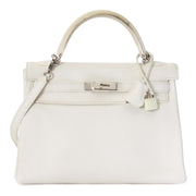 Very Rare Hermès Kelly 32 White Clemence Taurillon PHW te koop