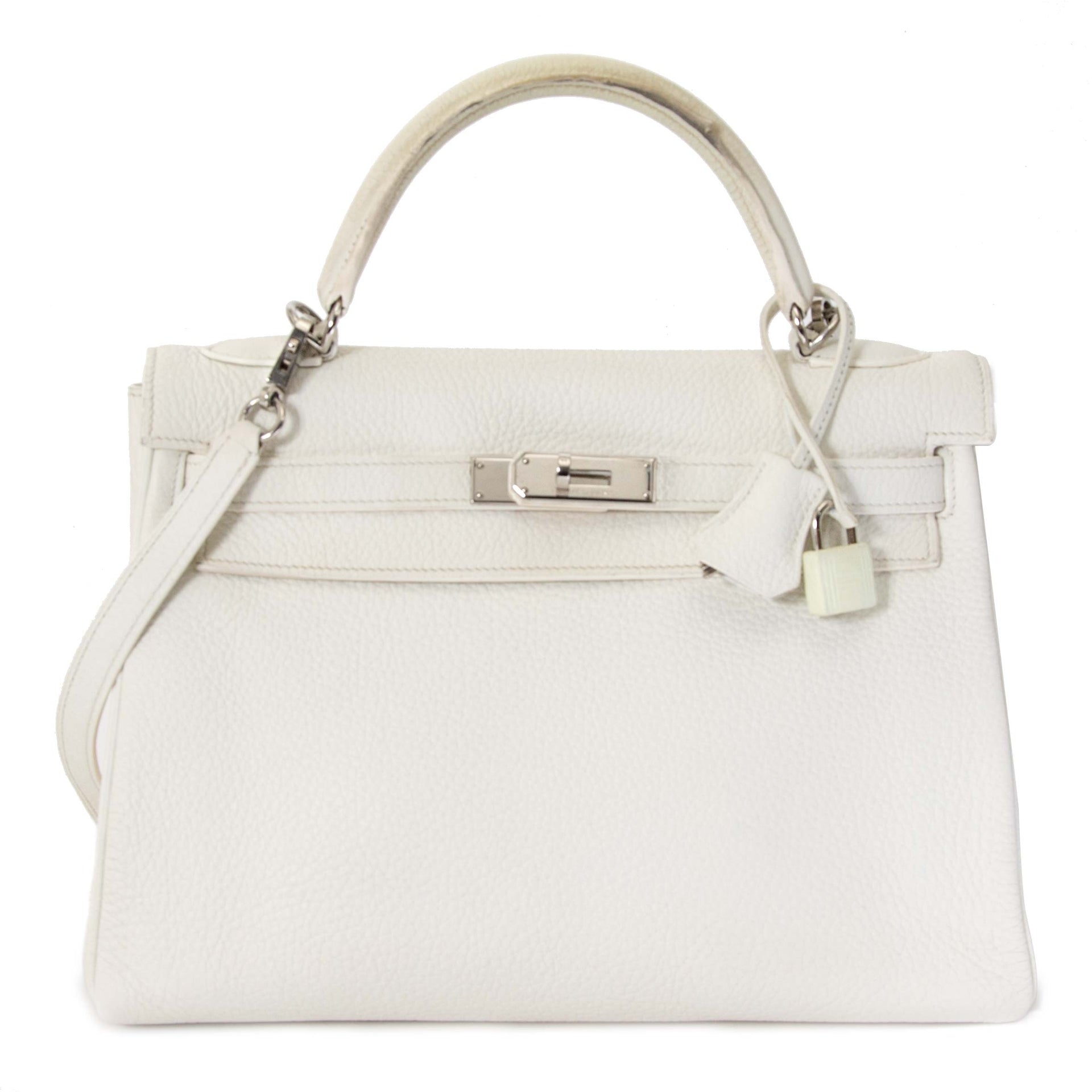 Very Rare Hermès Kelly 32 White Clemence Taurillon PHW te koop
