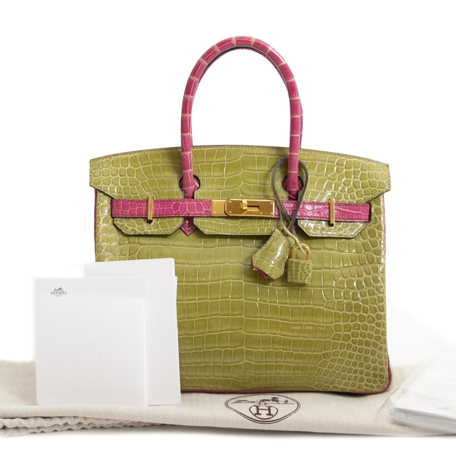 Are you looking for a 100% authentic Hermès Birkin 30 Crocodile Porosus GHW Vert Anis/Rose Sheherazade