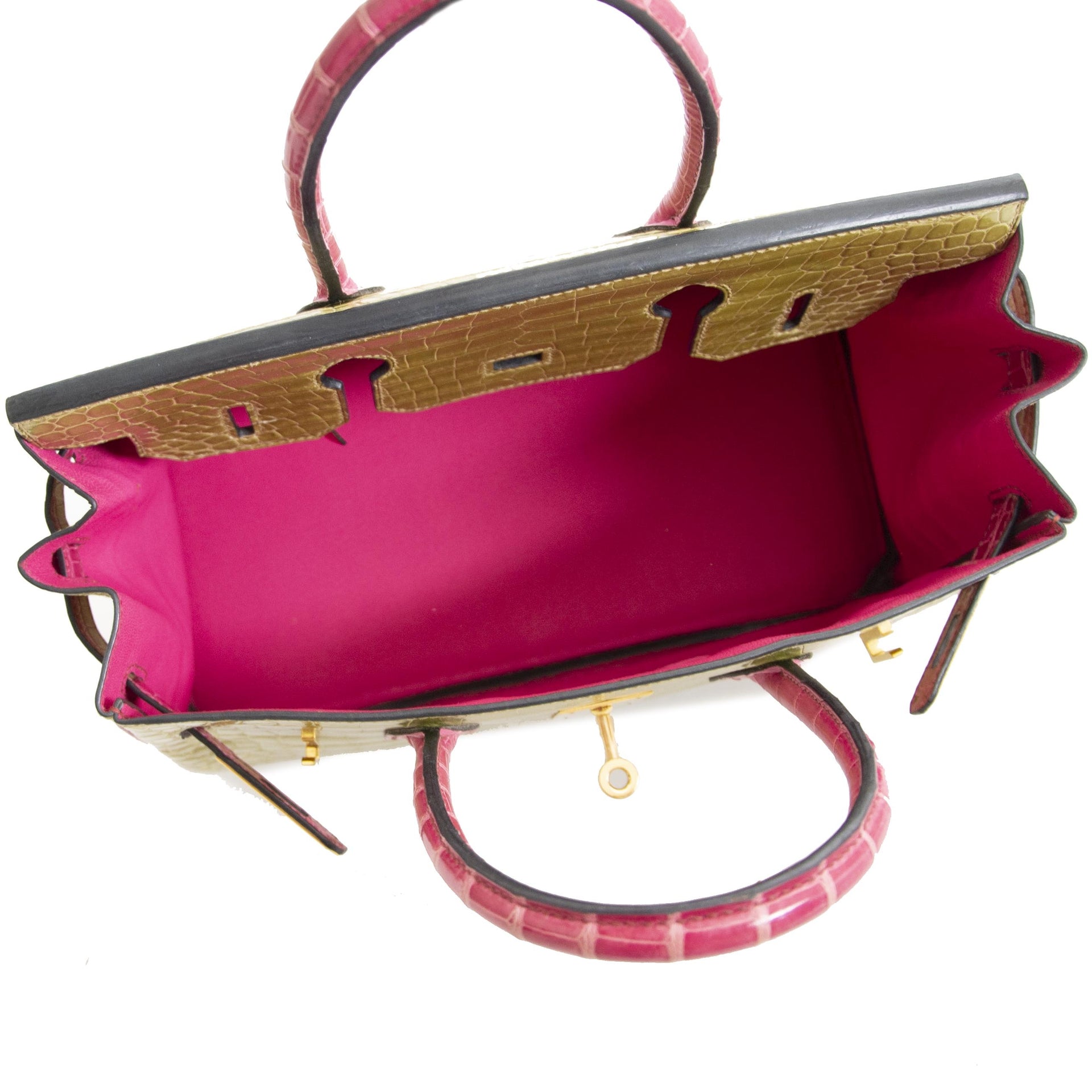 Hermès Birkin 30 Crocodile Porosus GHW Vert Anis/Rose Sheherazade met exclusieve roze binnenkant