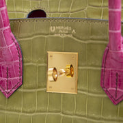 Hermès Birkin 30 Crocodile Porosus GHW Vert Anis/Rose Sheherazade