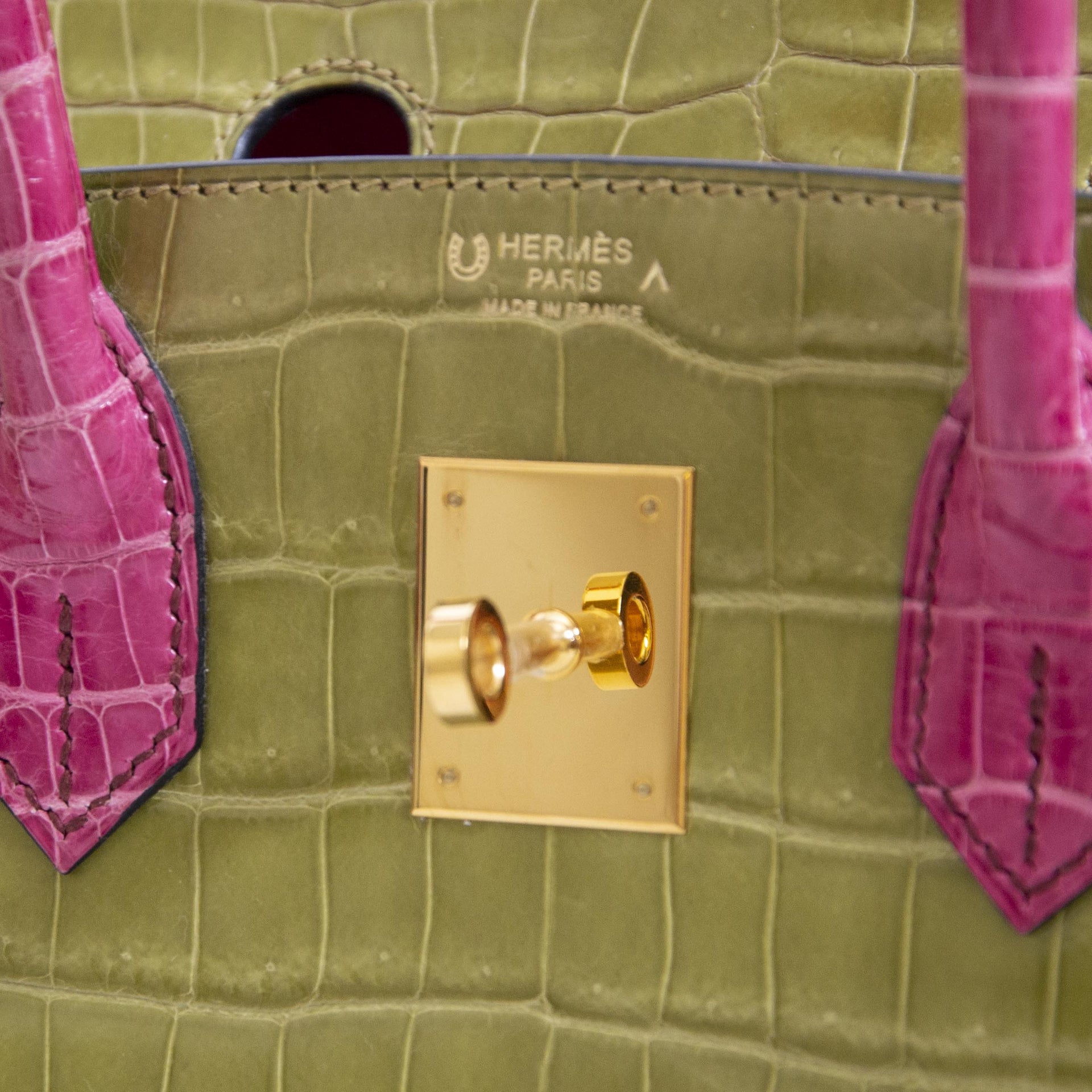 Hermès Birkin 30 Crocodile Porosus GHW Vert Anis/Rose Sheherazade