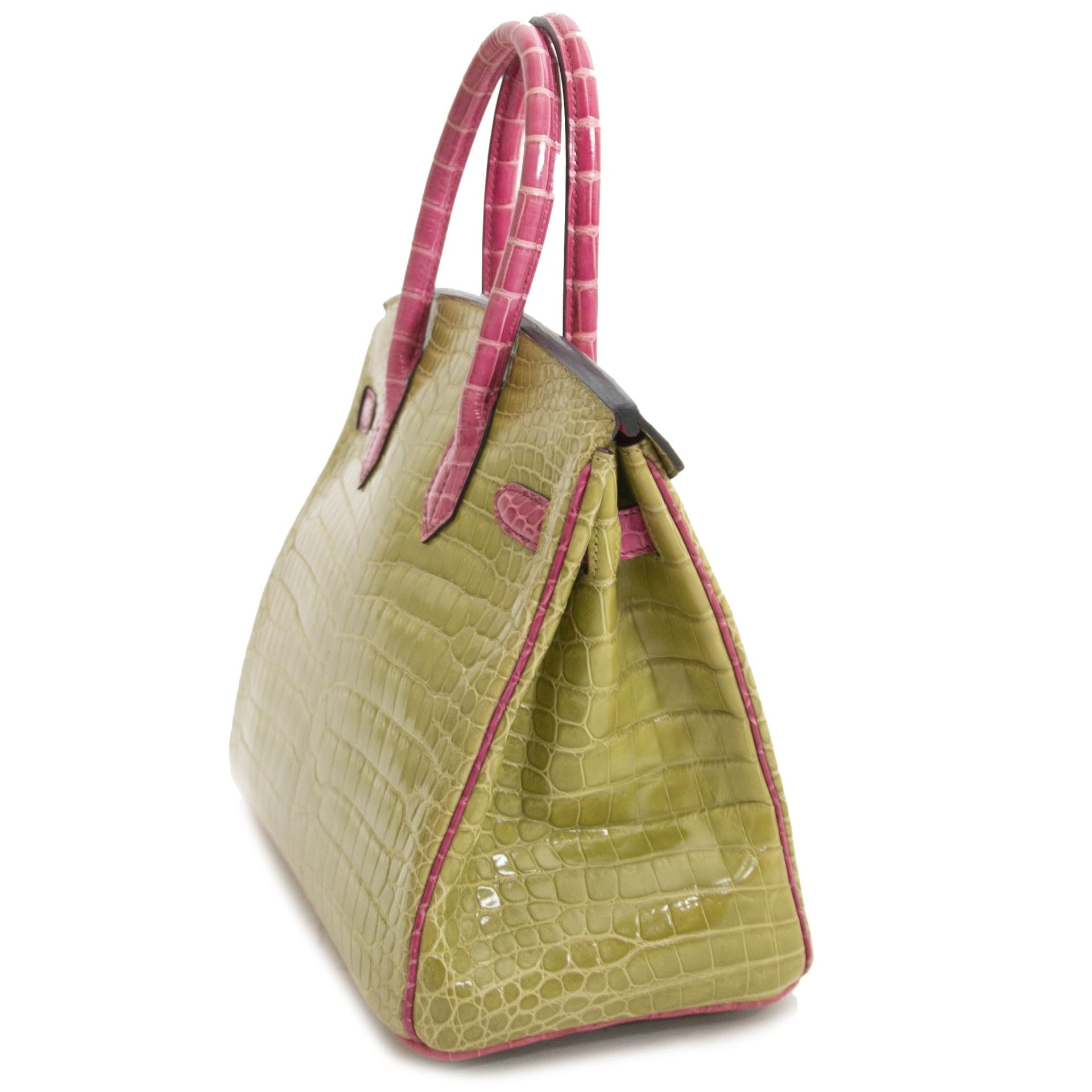 Hermès Birkin 30 Crocodile Porosus GHW Vert Anis/Rose Sheherazade buy and sell your authentic vintage bag