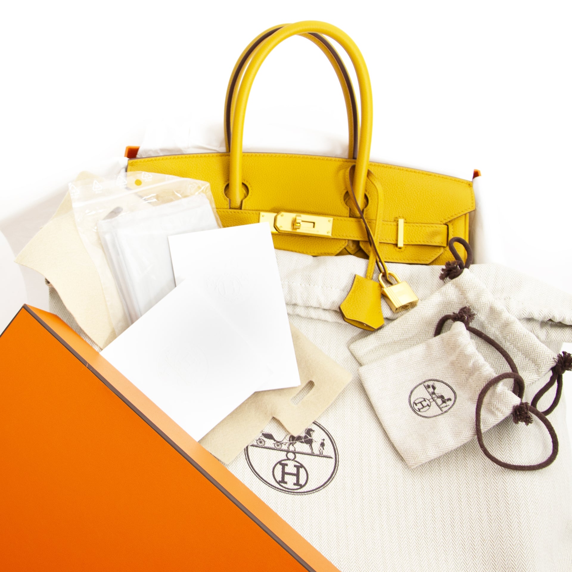 koop veilig online tegen de beste prijs Never Used Hermes Birkin 30 Jaune Ambre Togo GHW