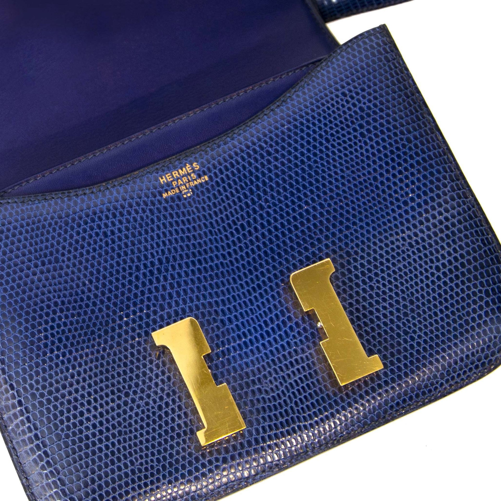 Hermès Constance Mini Bleu Saphir Glanzende Hagedis GHW