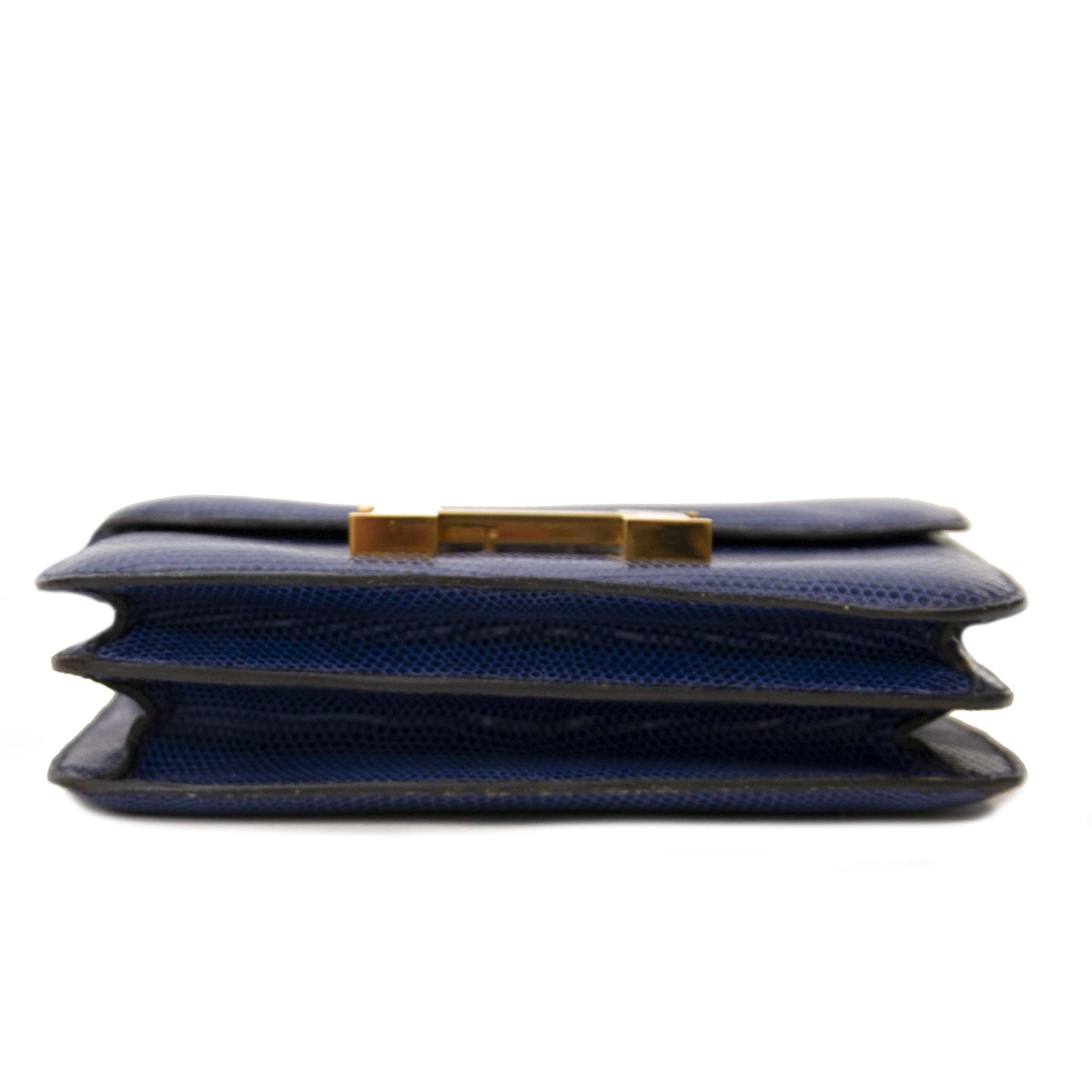 Hermès Constance Mini Bleu Saphir Glanzende Hagedis GHW