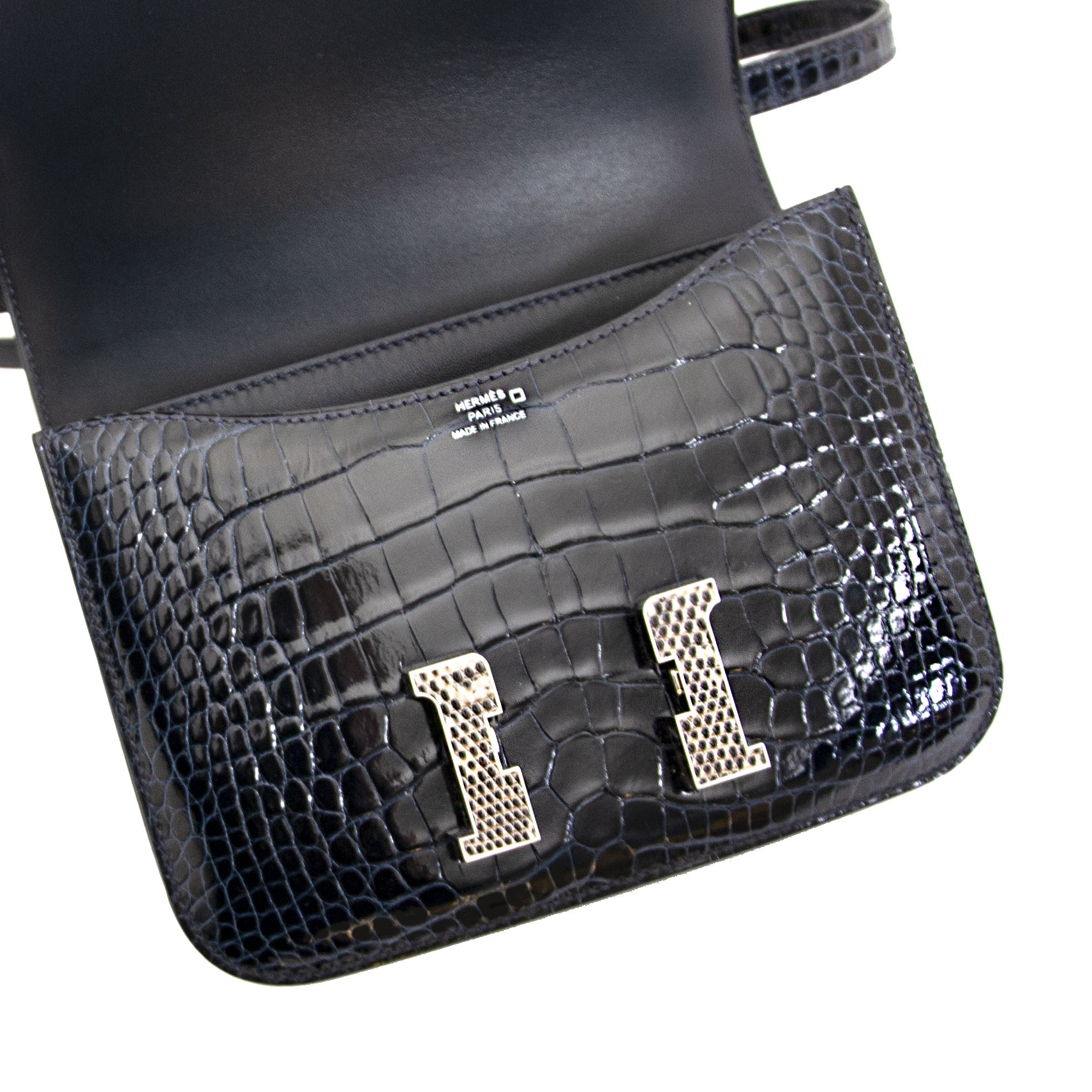 Hermès Constance 18 Mini Marquete Alligator Miss Lisse / Lezard Bleu Marine Ombre