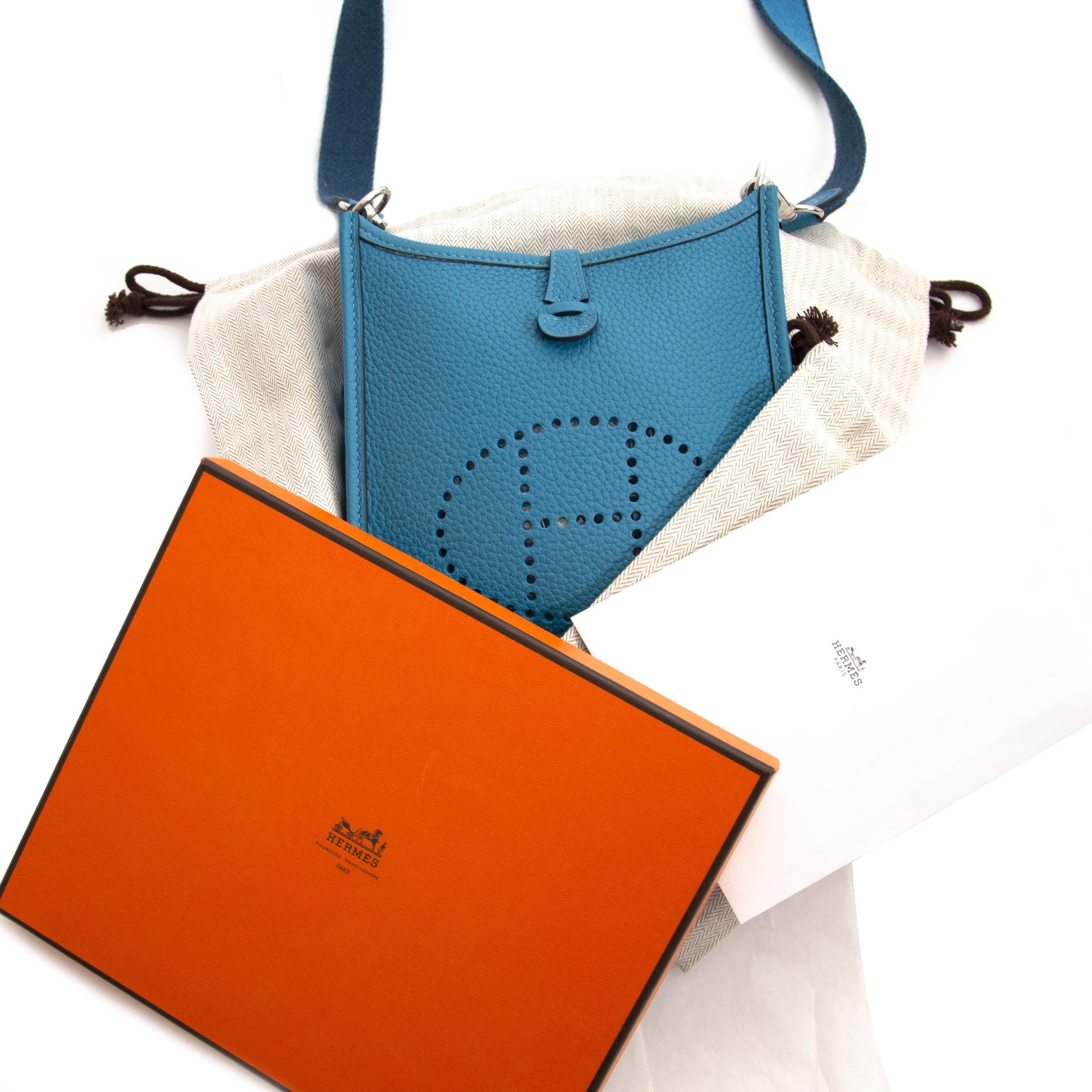 shop safe online tweedehands Hermes Mini Evelyne Turquoise Clémence Taurillon Shoulder Bag