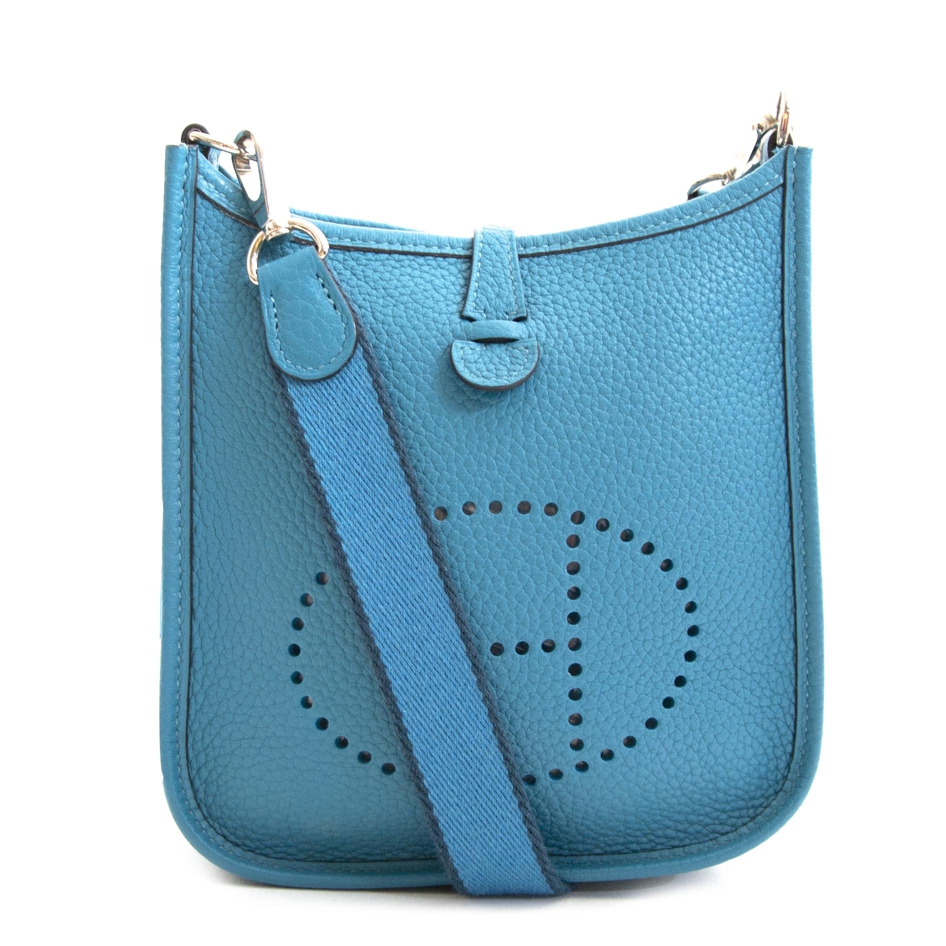 acheter en ligne seconde main Hermes Mini Evelyne Turquoise Clémence Taurillon Shoulder Bag