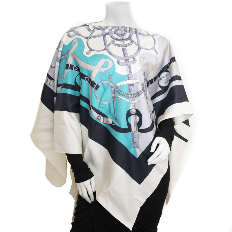 Hermès Shantung Twill Poncho Cape Turquoise Blue for sale online at Labellov secondhand luxury