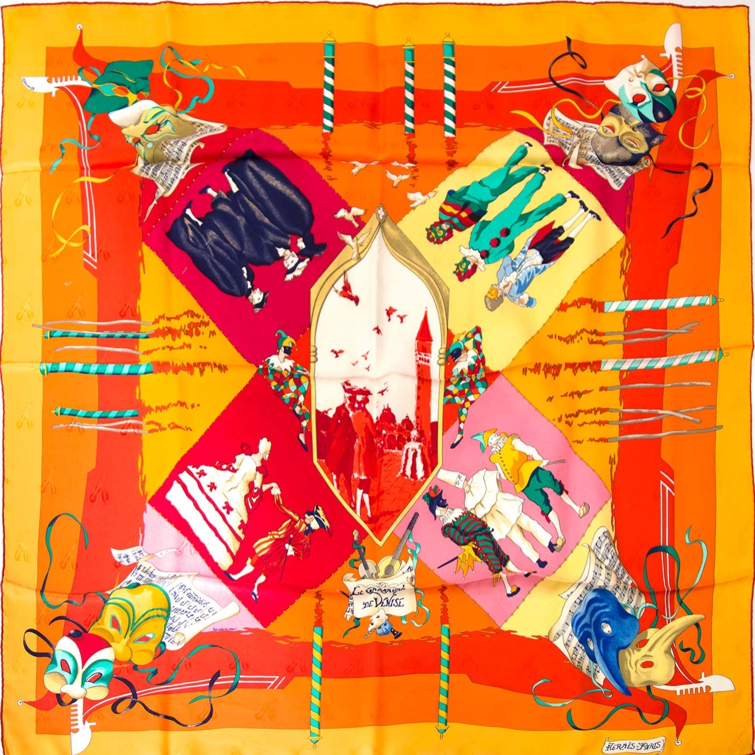 Hermes 'Le Carnaval De Vénice' Silk Carré Scarf Buy authentic designer Hermes secondhand scarves at Labellov at the best price. Safe and secure shopping. Koop tweedehands authentieke Hermes sjaals bij designer webwinkel labellov.