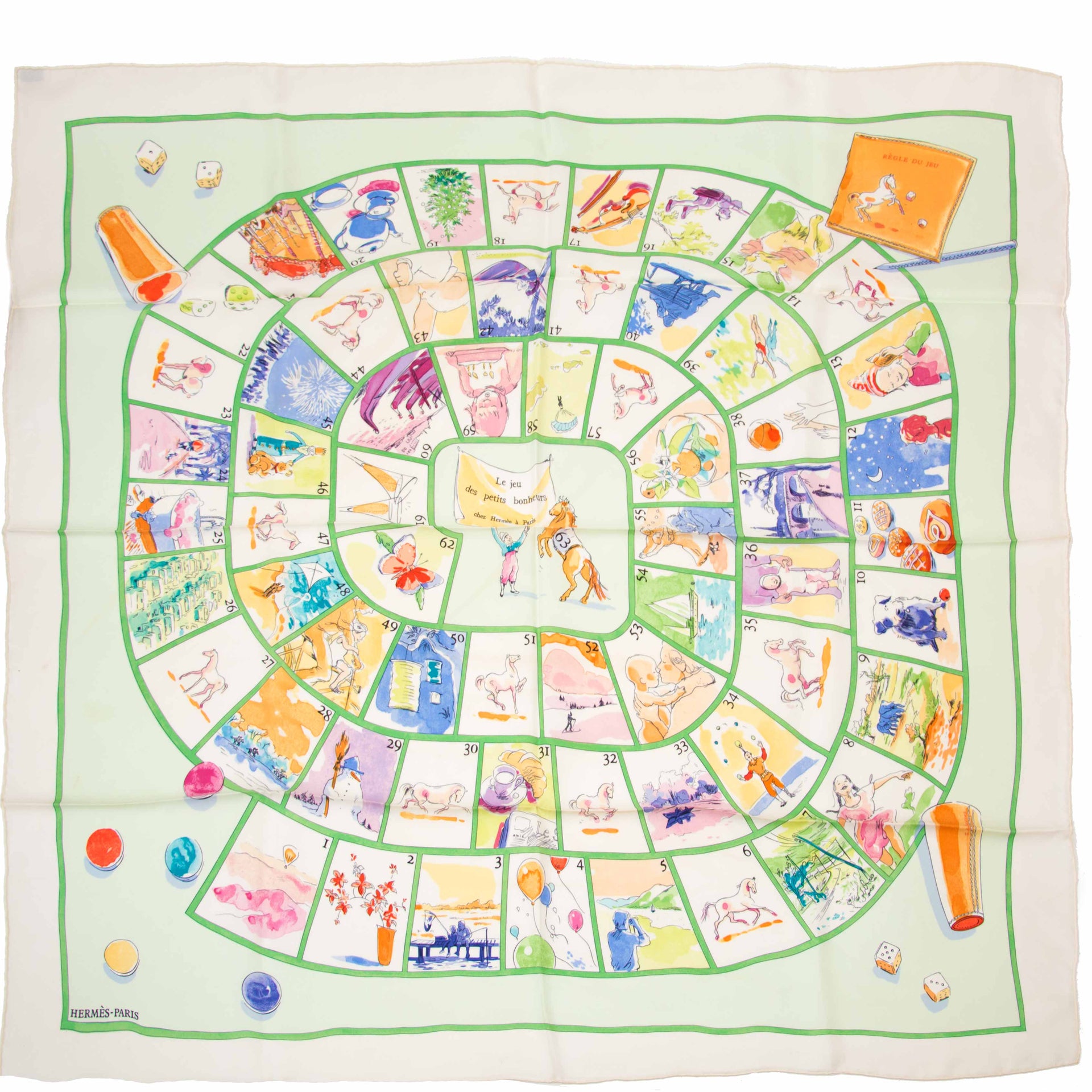Koop nu veilig en online jouw tweedehands Hermès Silk Scarf Carré 'Le jeu des petits bonheurs' op labellov.com