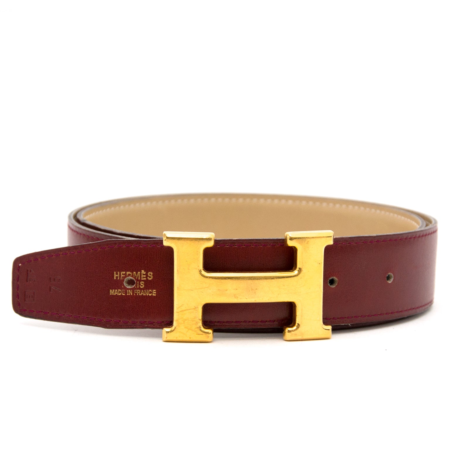 Hermes bordeaux h belt in boxcalf now online at labellov.com for the best price