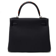 very hard to find Hermes Kelly Au Galop 28 Retourne Blue indigo/ Black/Cuivre Togo / Box calf /Chevre myzore goatskin Leather