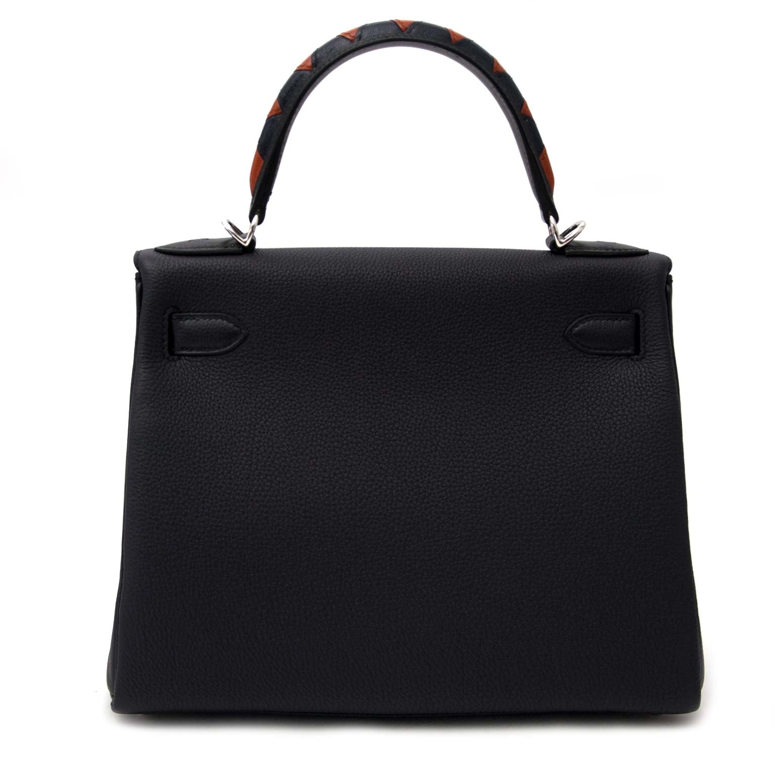 very hard to find Hermes Kelly Au Galop 28 Retourne Blue indigo/ Black/Cuivre Togo / Box calf /Chevre myzore goatskin Leather