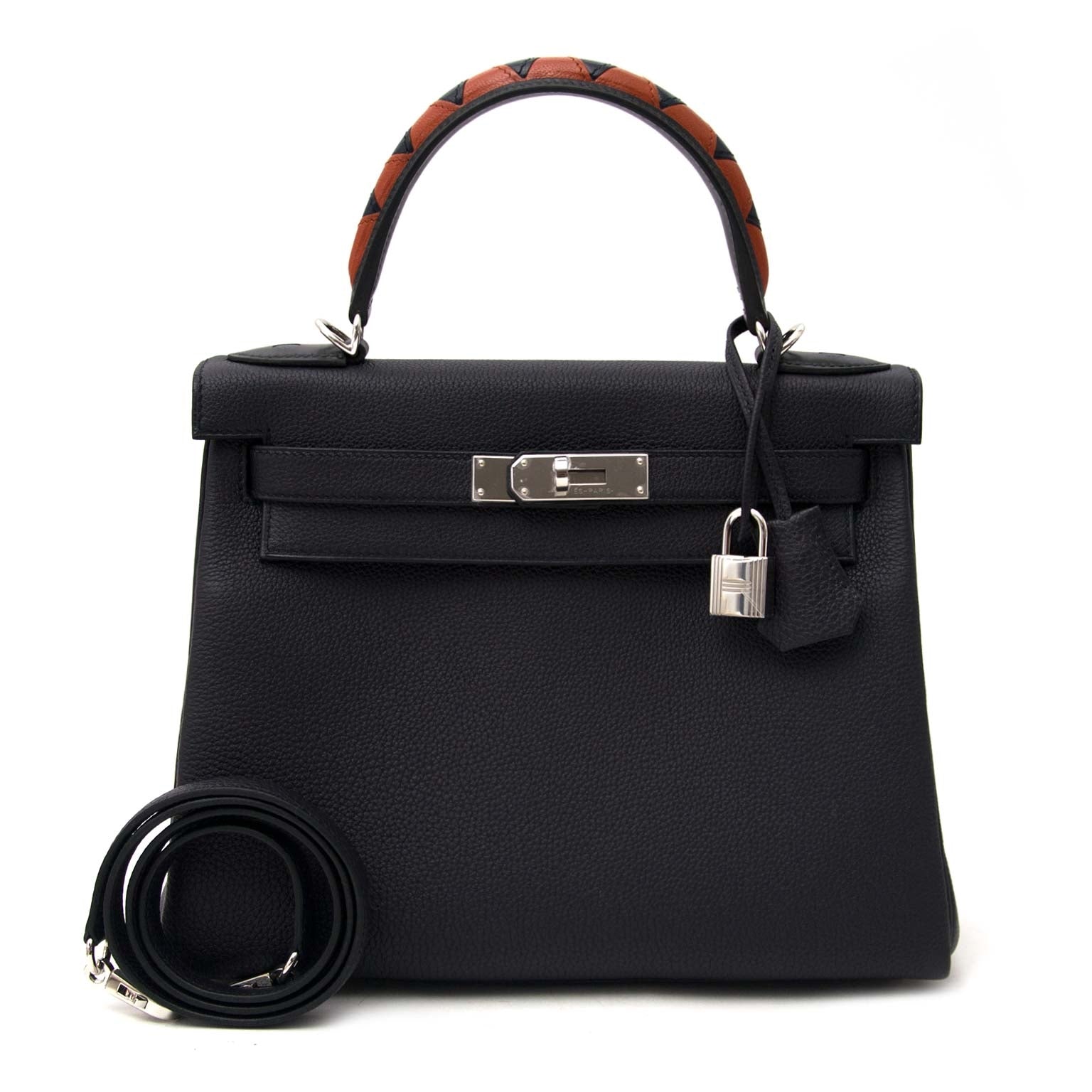 shop safe online at the best price Hermes Kelly Au Galop 28 Retourne Blue indigo/ Black/Cuivre Togo / Box calf /Chevre myzore goatskin Leather