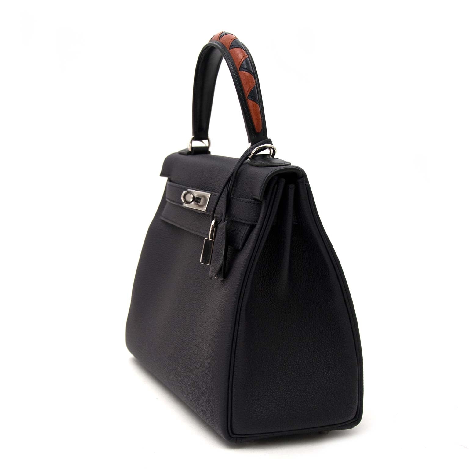 Hermes Kelly Au Galop 28 Retourne Blue indigo/ Black/Cuivre Togo / Box calf /Chevre myzore goatskin Leather veilig online aankopen