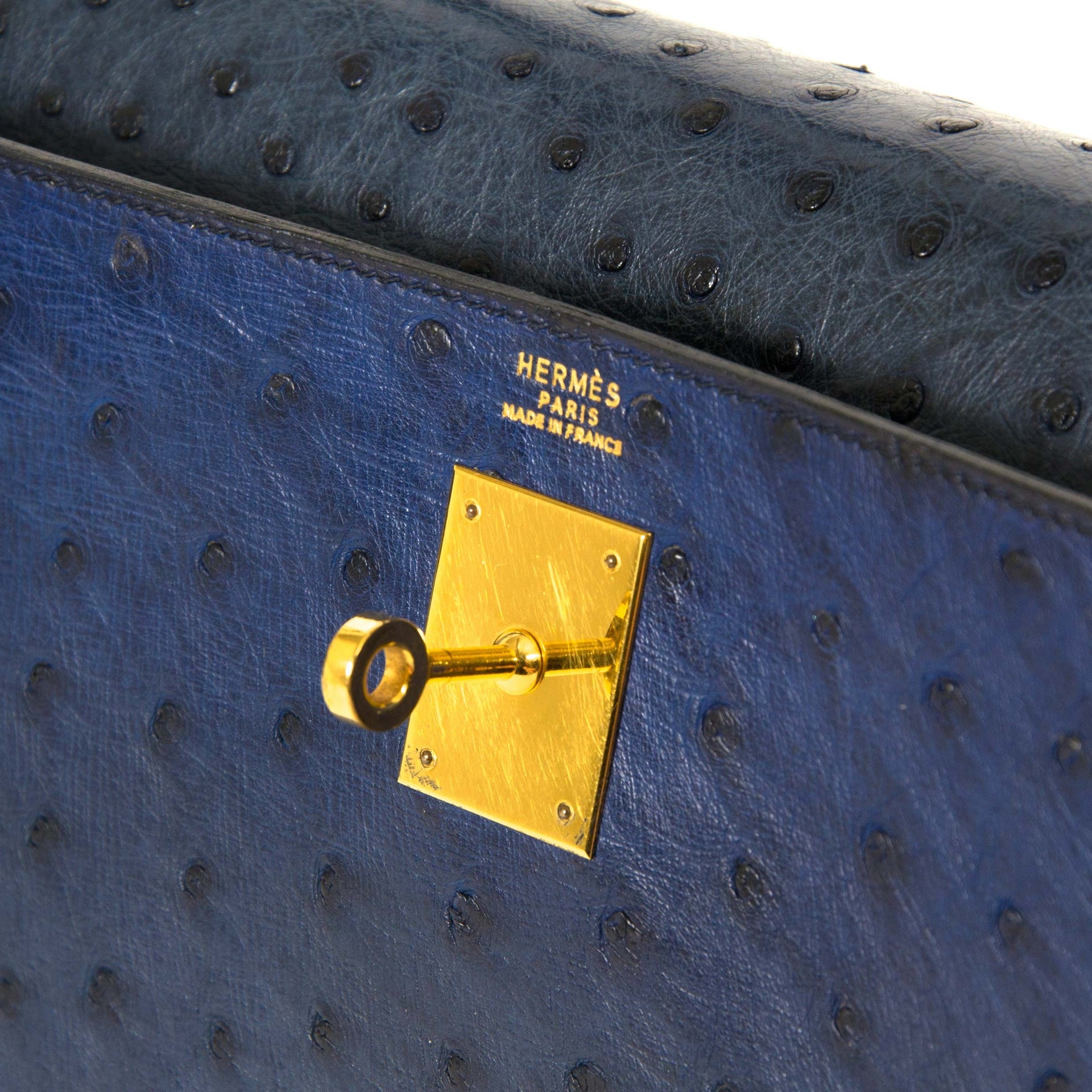 Hermès Kelly 32 Ostrich Blue GHW lock and keys all included