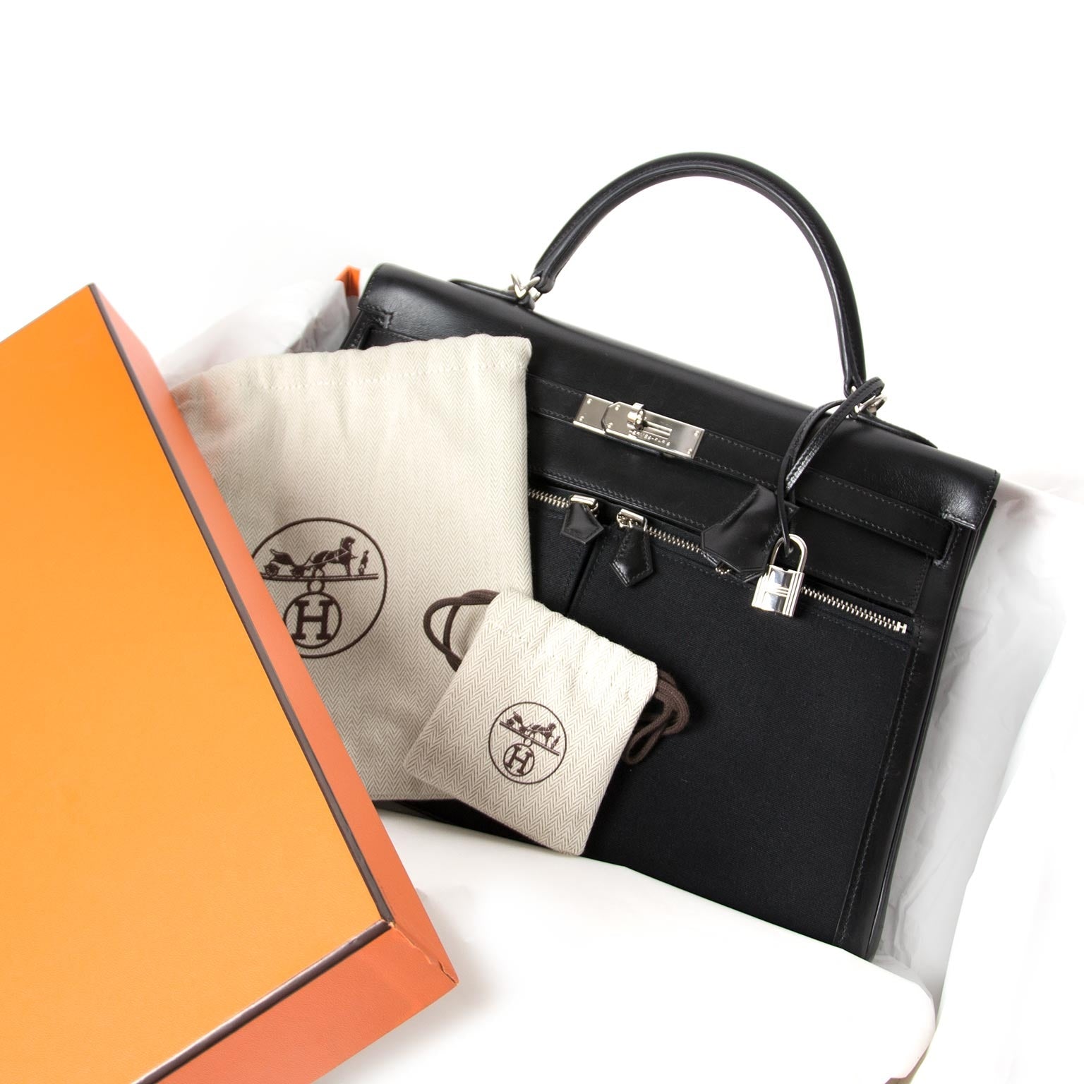 Hermès Kelly 35cm Lakis Black Boxcalf Leather with Toile PHW