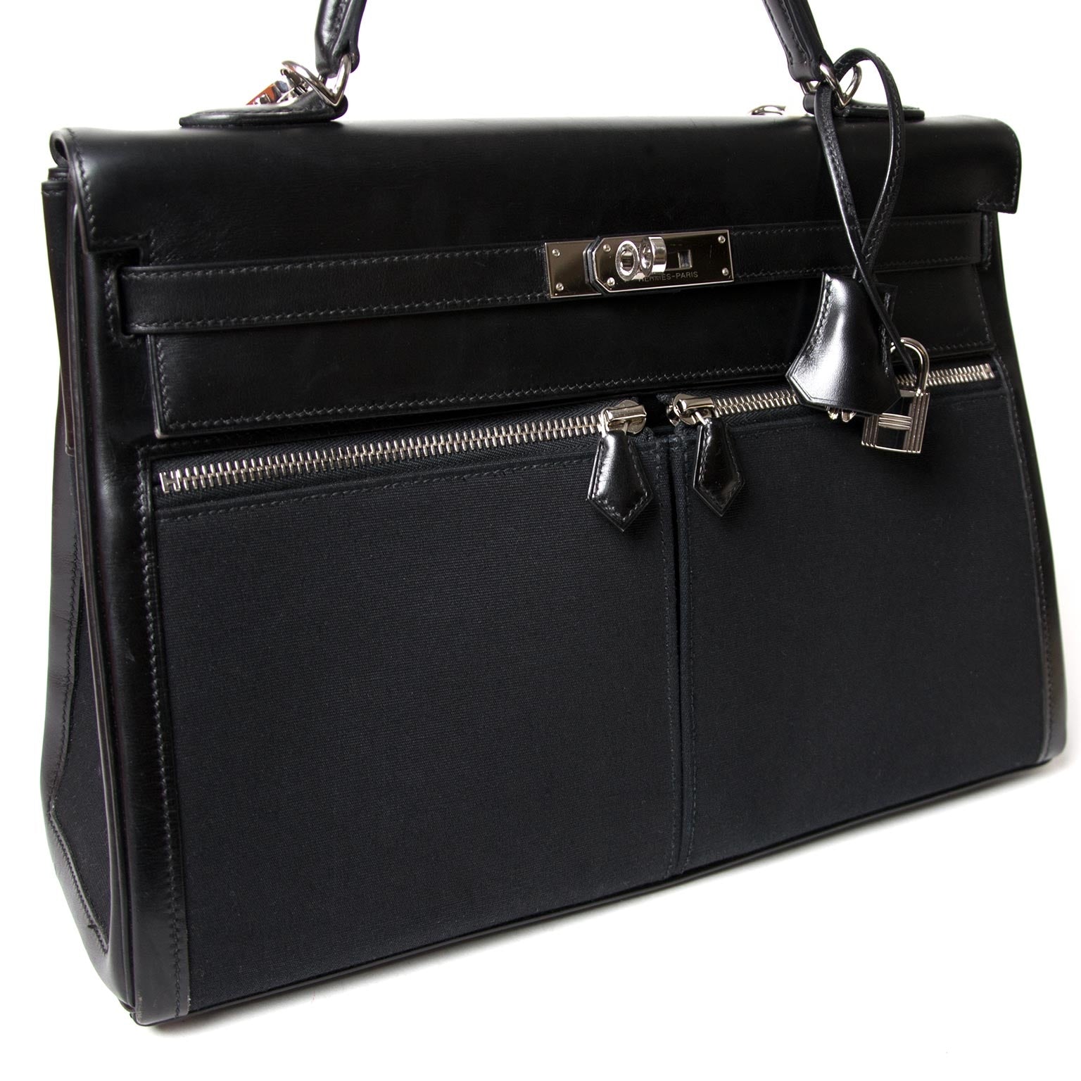 Hermès Kelly 35cm Lakis Black Boxcalf Leather with Toile PHW kopen en verkopen aan de beste prijs