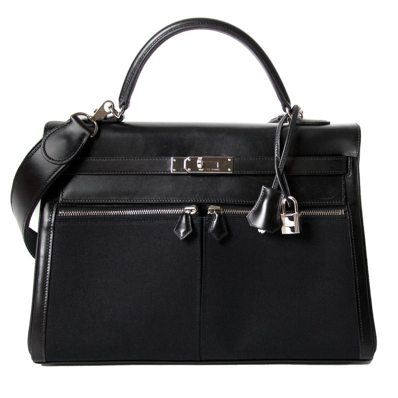 Hermès Kelly 35cm Lakis Black Boxcalf Leather with Toile PHW for sale online at Labellov