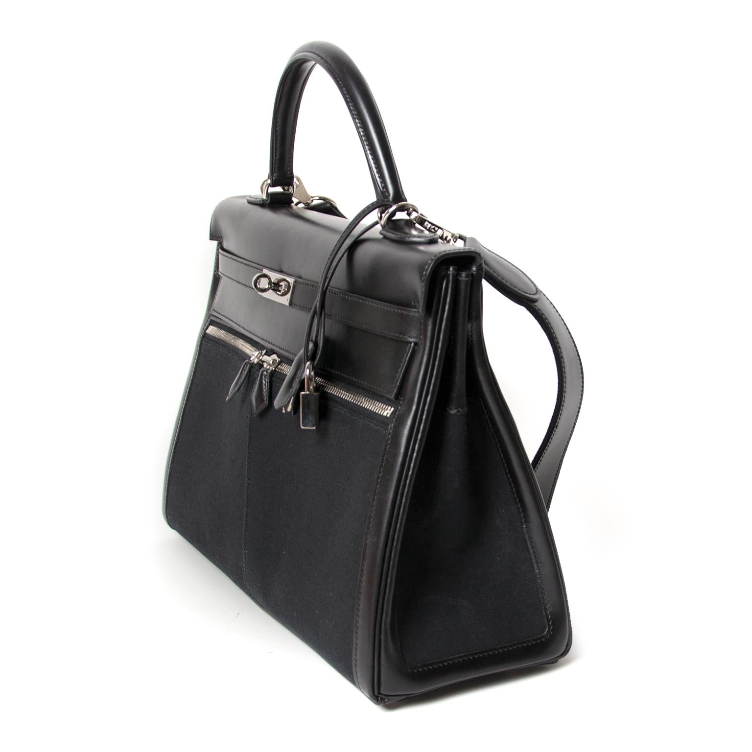 Hermès Kelly 35cm Lakis Black Boxcalf Leather with Toile PHW kopen en verkopen aan de beste prijs