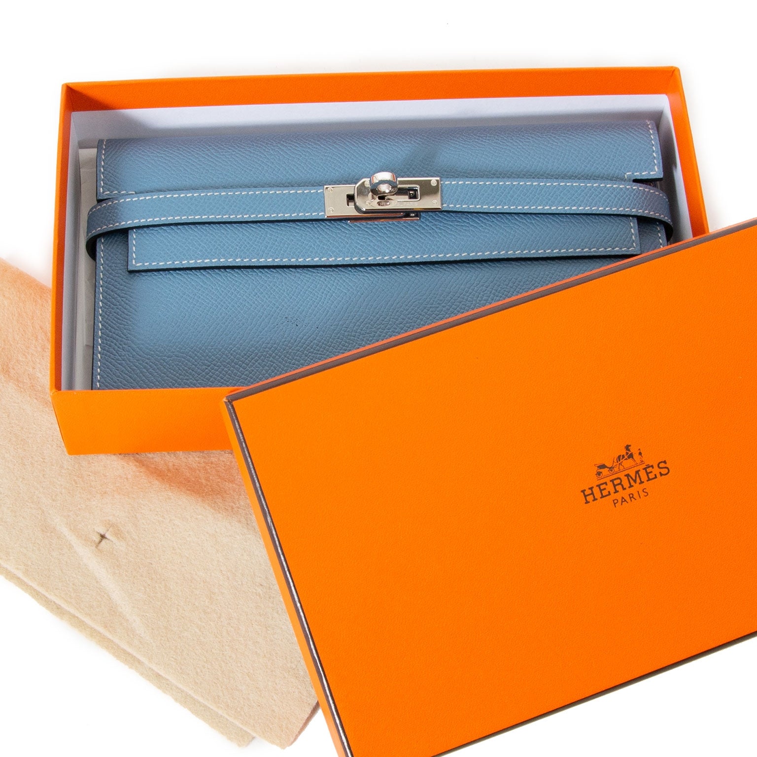 Hermes Kelly Wallet Blue Jean Veau Epsom now for sale at labellov vintage fashion webshop belgium