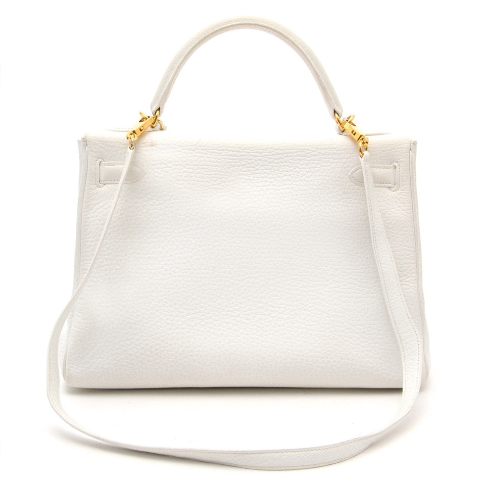 shop your designer luxury Hermès White Kelly 32cm Clemence Taurillon GHW at the best price online