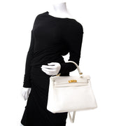 koop online tweedehands luxe handtas Hermès White Kelly 32cm Clemence Taurillon GHW antwerpen.