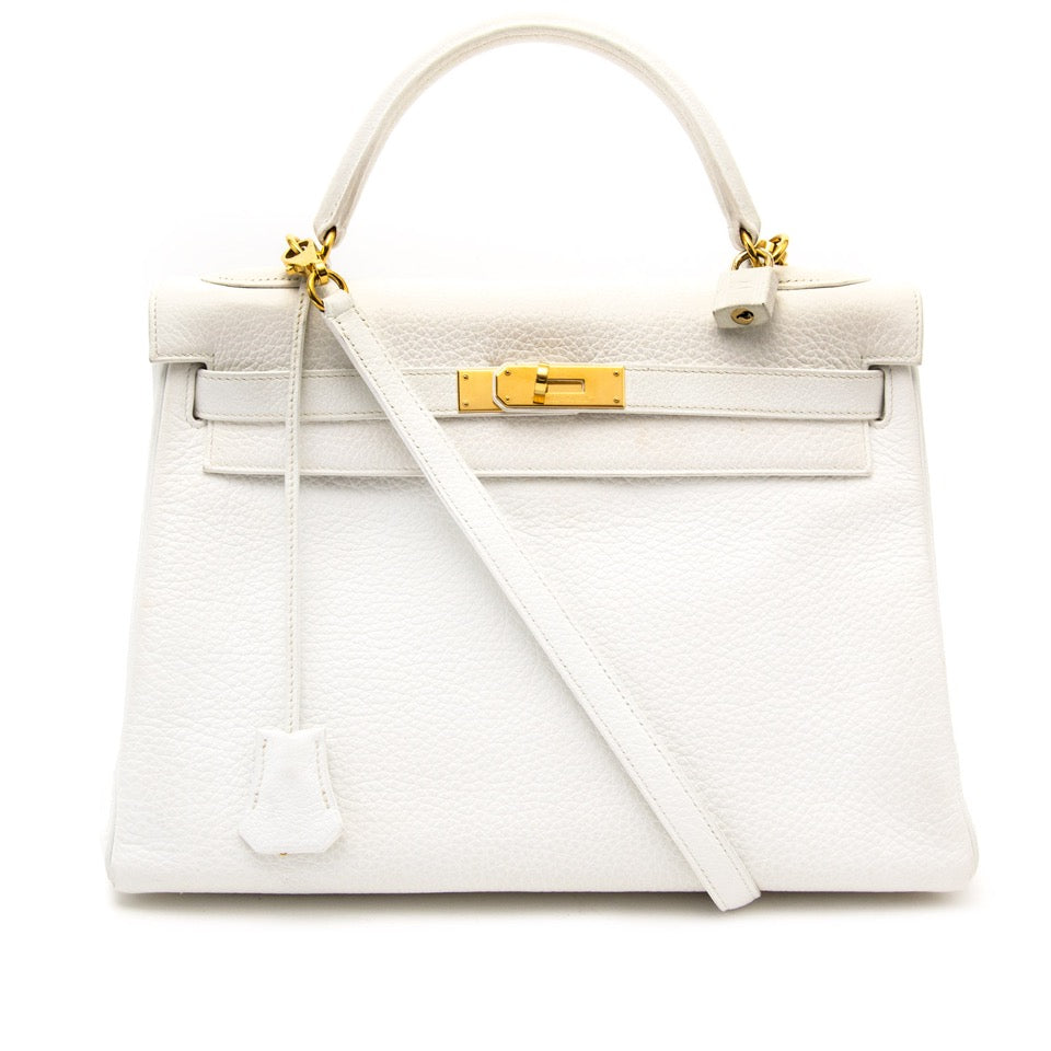 shop your designer luxury Hermès White Kelly 32cm Clemence Taurillon GHW at the best price online