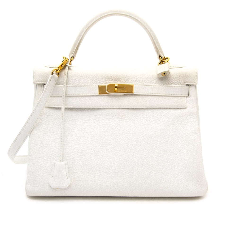 buy real real designer luxury Hermès White Kelly 32cm Clemence Taurillon GHW