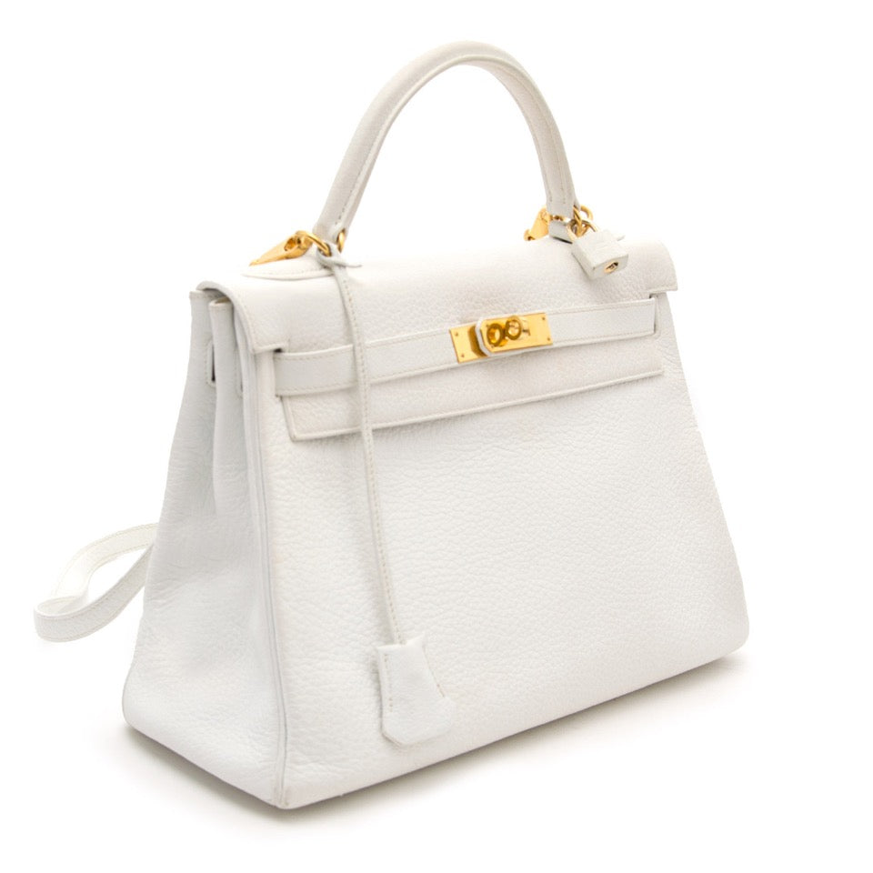 skip the waitinglist shop safe online authentic shop your designer luxury Hermès White Kelly 32cm Clemence Taurillon GHW at the best price online